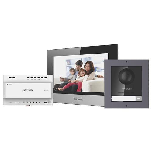 Kit videointerfon IP Hikvision DS-KIS702, conexiune pe 2 fire, pentru o singura familie, componenta kit: post exterior DS-KD8003-IME2 Surface x 1...