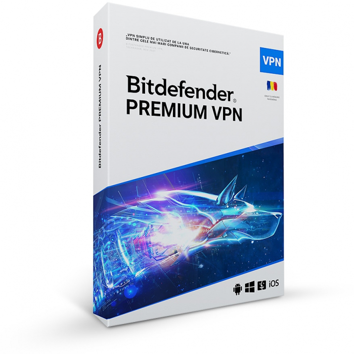 Licenta retail Bitdefender Premium VPN - Trafic nelimitat pentru maxim 10 dispozitive, Protectie si anonimitate in mediul online,Disponibil pentru dispozitivele Windows, macOS, Android si iOS