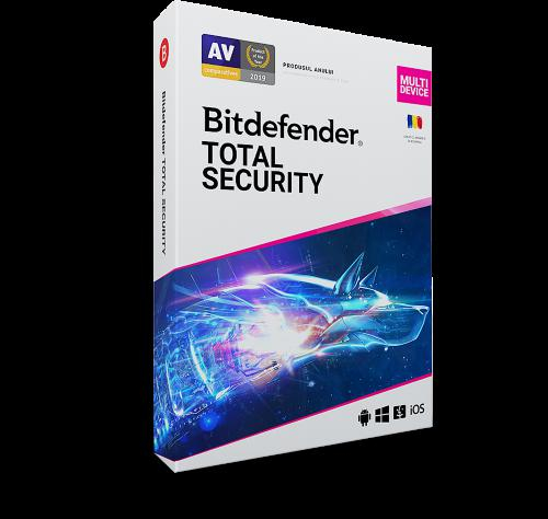 Licenta retail Bitdefender Total Security - protectie anti-malwarecompleta pentru Windows, macOS, iOS si Android, valabilapentru 1 an, 10 dispozitive, new