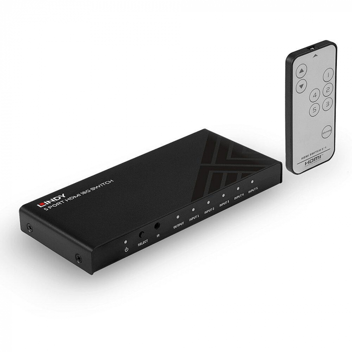 Lindy 5 Port HDMI 18G Switch Technical details Specifications AV Interface: HDMI Interface Standard: HDMI 2.0 Supports Bandwidth: 18Gbps Maximum Resolution: 3840x2160 60Hz 4:4:4 8bit HDCP Support: