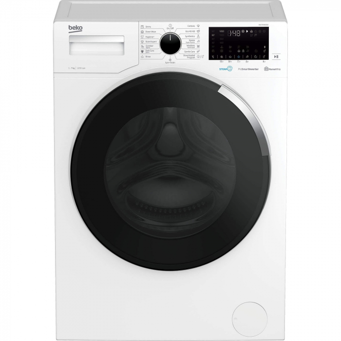 Masina de spalat rufe Slim Beko WUE 7646XCW, 7 kg, 1200 RPM, Clasa D, Motor ProSmart Inverter, HomeWhiz, SteamCure, Hygiene+, Alb