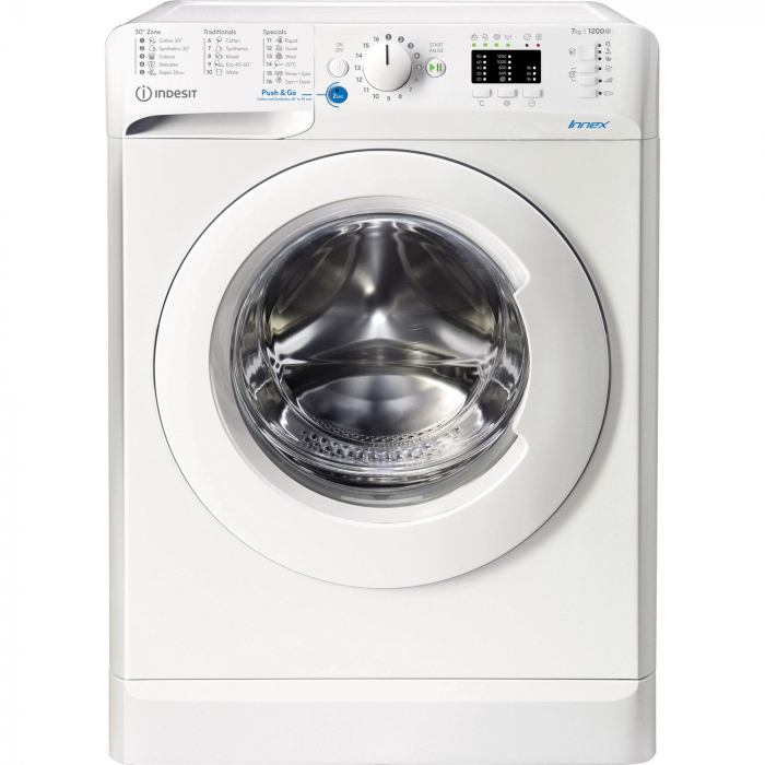 Masina de spalat rufe Slim Indesit BWSA71251WEEN, 7 kg, 1200 RPM, Clasa E, PushGo, Motor Universal, Alb