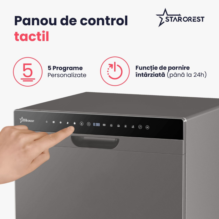 Masina de spalat vase STARCREST SDW-601-SL, 6 seturi, 5 programe, Clasa D, Panou control sticla neagra, Panou comanda digital, Mod Eco, Instalare Flexibila, Gri [3]