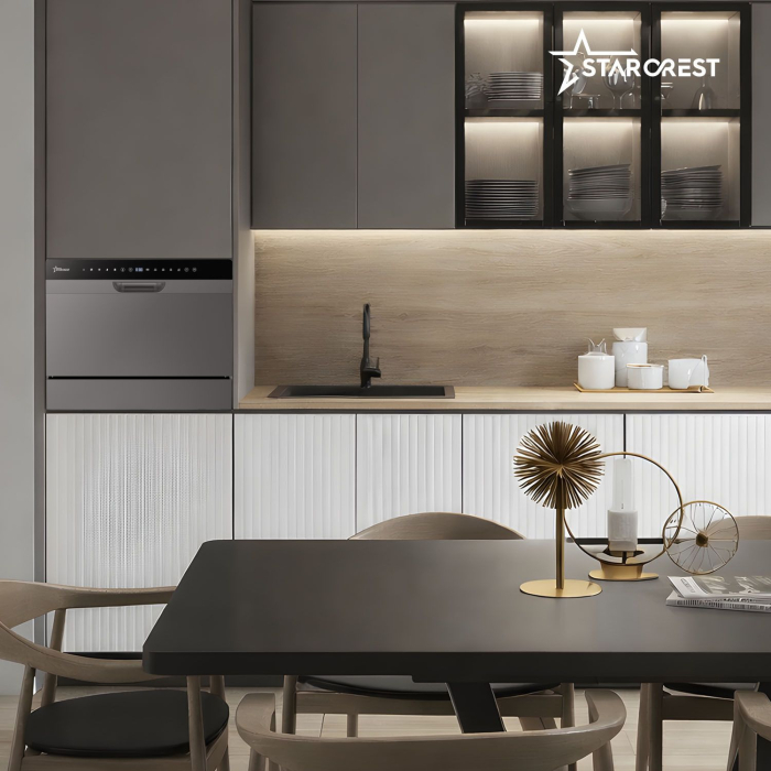 Masina de spalat vase STARCREST SDW-601-SL, 6 seturi, 5 programe, Clasa D, Panou control sticla neagra, Panou comanda digital, Mod Eco, Instalare Flexibila, Gri [7]