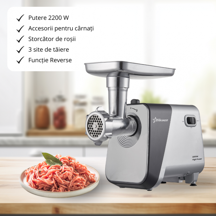 Masina de tocat STARCREST SMG-2250S, 2200 W, Accesoriu rosii si carnati, 3 site de taiere, Cutit inox, Gri [2]