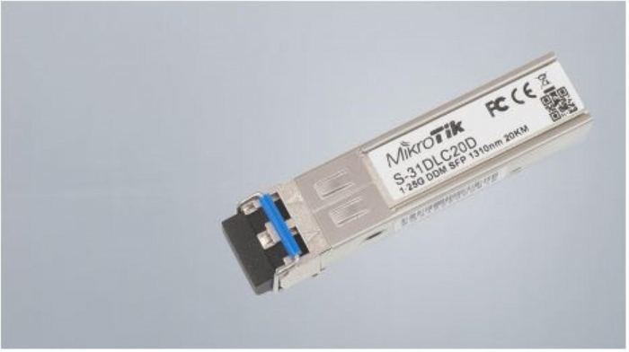 Mikrotik 1.25G SFP transceiver, S-31DLC20D; with a 1310nm Dual LC connector, for up to 20 kilometer Single Mode fiber connections, with DDM;