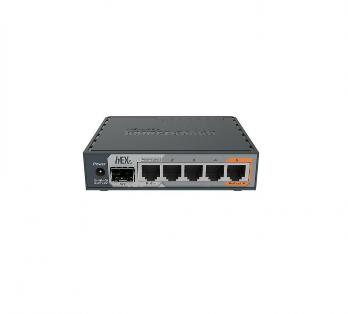 Mikrotik 5-Port Gigabt Ethernet Router, RB760iGS, 5 10 100 1000Ethernetports, CPU nominal frequency: 880 MHz, 2 CPU core count, 4 CPU Threadscount, Size of RAM: 256 MB, Max Power cons 11W, 1x SFP po