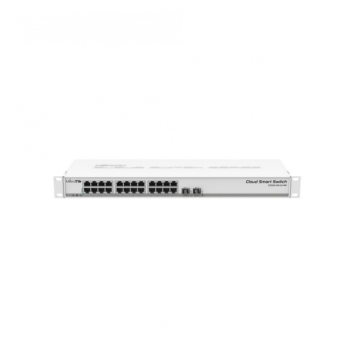 MikroTik Cloud Smart Switch 326-24G-2S+RM with 24 10 100 1000 GigabitEthernet ports, 2 SFP+ cages, 1U rackmount case, PSU, Passive PoE, 19W