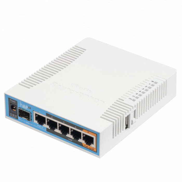 Mikrotik HAP AC office wireless device, RB962UIGS-5HACT2HNT; Dualconcurrent triple chain 2.4 5GHz AP, 802.11ac a n b g, Five Gigabit Ethernet ports, PoE-out on port 5, SFP, USB for 3G 4G support orsto