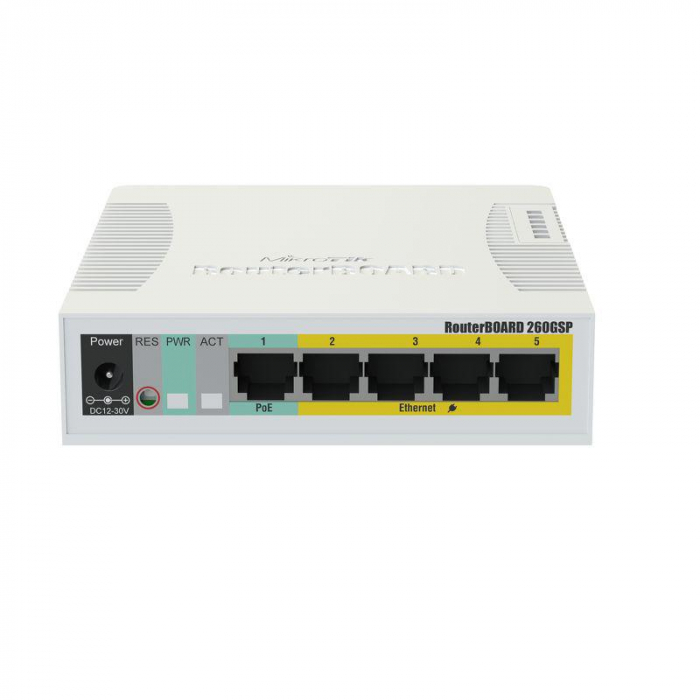 Mikrotik SOHO switch routerboard, RB260GSP, Flash Storage: 128 KB, PoEin: Passive, PoE out: Passive, 5 10 100 1000 Ethernet ports, SFP DDMI,1 SFP ports