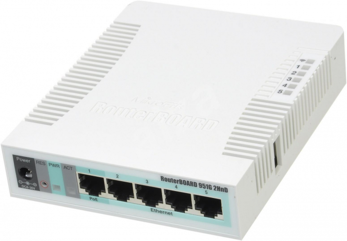 MIKROTIK WIRELESS SOHO GIGABIT AP 5-PORT, RB951G-2HND, 5 10 100 1000Ethernet ports, CPU nominal frequency: 600 MHz, 1 CPU core count, Sizeof RAM: 128 MB, Up to 7W, 2 Wireless 2.4 GHz number of chai