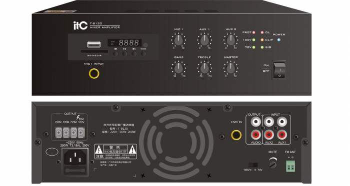 Mini amplificator ITCT-B120, pentru sisteme de Public Address (PA), putere 120W 70 100V, 4 x iesiri 4 16I 100V, 1 x iesire microfon cu volum independent; redare automata a muzicii in format MP3; func