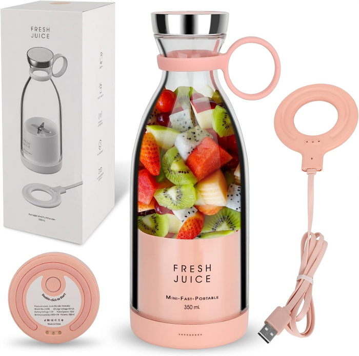 Mini Blender Portabil STARCREST SB-214BPK, Incarcare Wireless, Multifunctional, Auto-curatare, Capacitate 350ml, 4 Lame 3D, Putere 20.000 rpm, Roz [2]