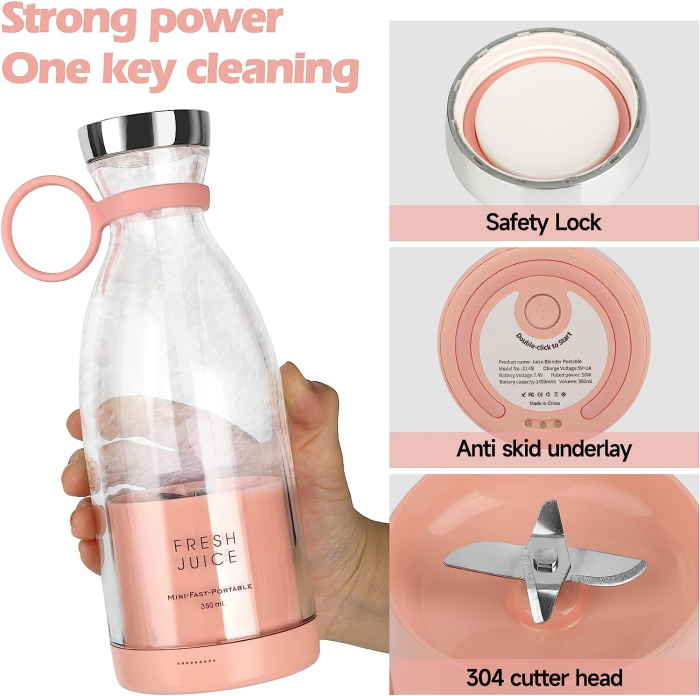 Mini Blender Portabil STARCREST SB-214BPK, Incarcare Wireless, Multifunctional, Auto-curatare, Capacitate 350ml, 4 Lame 3D, Putere 20.000 rpm, Roz [3]