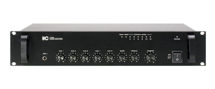 Mixer amplificator ITC T-240D, pentru sisteme de Public Address (PA), putere 240W 100V, 4 x intrari de microfon, 2 x intrari auxiliare, 1 x intrare EMC, dimensiuni 484A 295A 44mm, greutate 4.5kg