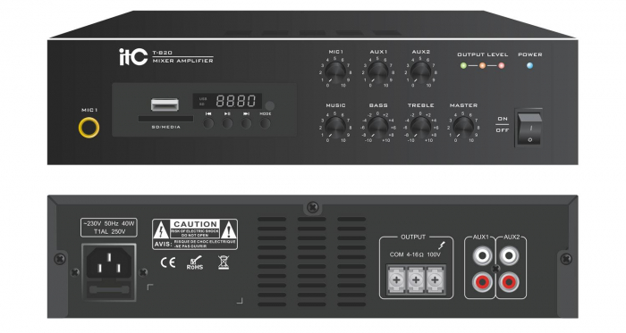 Mixer amplificator ITC T-B60, pentru sisteme de Public Address (PA), putere 60W 100V, 4 x iesiri 4 16I 100V, 1 x iesire microfon cu volum independent; redare automata a muzicii in format MP3; functie