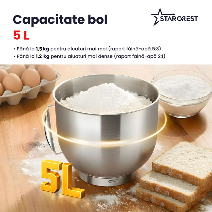 Mixer cu bol de 5L din inox, STARCREST SKM-1650BK, 1.5 kg aluat, putere 1600W, 3 accesorii, 8 viteze + Turbo, Negru [4]