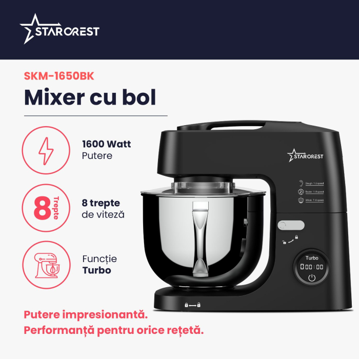 Mixer cu bol de 5L din inox, STARCREST SKM-1650BK, 1.5 kg aluat, putere 1600W, 3 accesorii, 8 viteze + Turbo, Negru [2]
