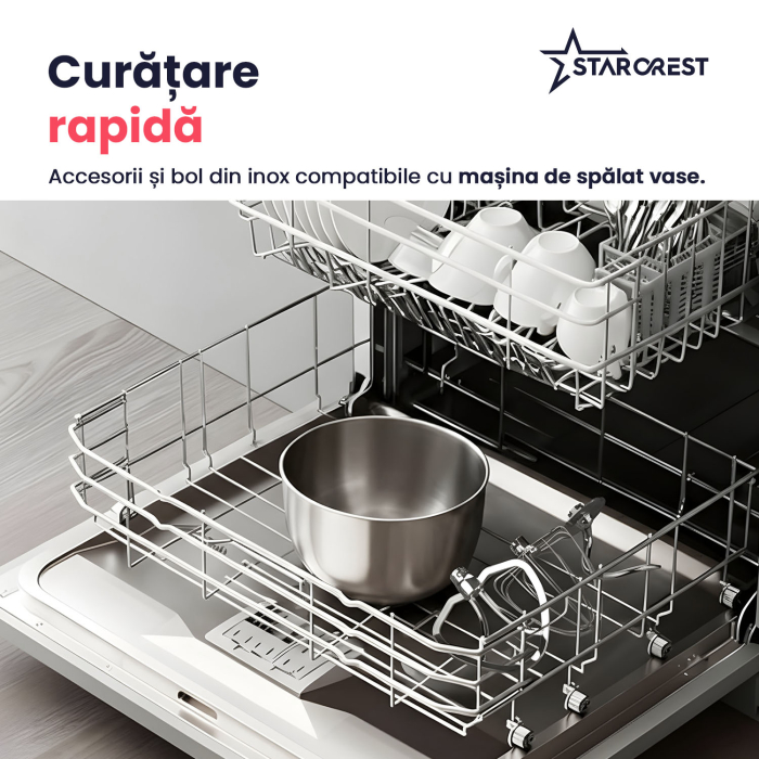 Mixer cu bol de 7L din inox, STARCREST SKM-2070BK, 2.1 kg aluat, putere 2000W, 3 accesorii din inox, 8 viteze + Turbo, Negru [6]