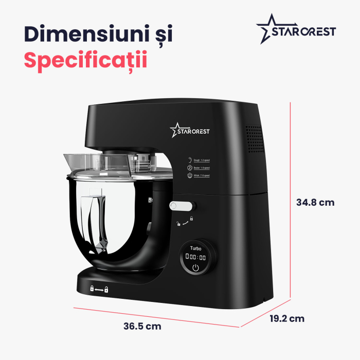 Mixer cu bol de 7L din inox, STARCREST SKM-2070BK, 2.1 kg aluat, putere 2000W, 3 accesorii din inox, 8 viteze + Turbo, Negru [9]