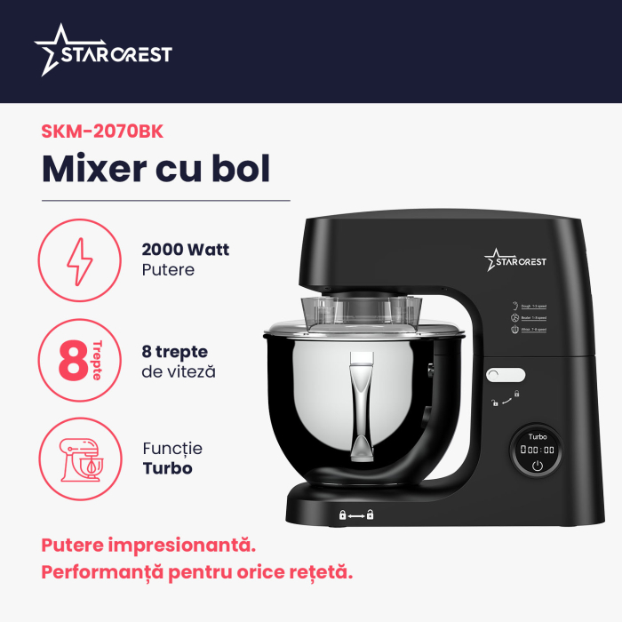 Mixer cu bol de 7L din inox, STARCREST SKM-2070BK, 2.1 kg aluat, putere 2000W, 3 accesorii din inox, 8 viteze + Turbo, Negru [2]