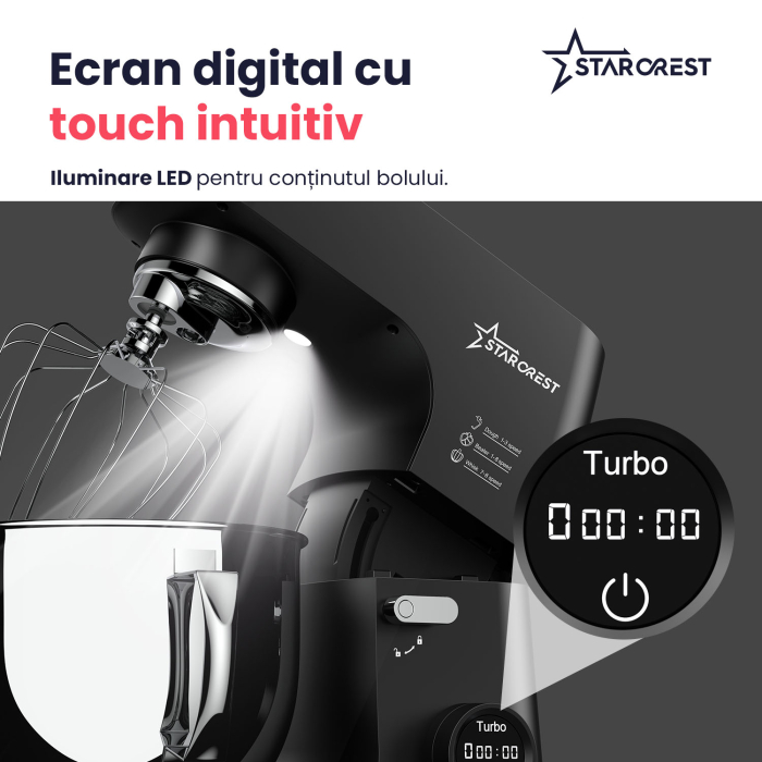 Mixer cu bol de 7L din inox, STARCREST SKM-2070BK, 2.1 kg aluat, putere 2000W, 3 accesorii din inox, 8 viteze + Turbo, Negru [5]