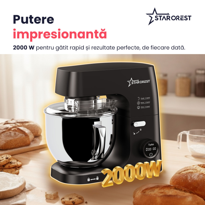 Mixer cu bol de 7L din inox, STARCREST SKM-2070BK, 2.1 kg aluat, putere 2000W, 3 accesorii din inox, 8 viteze + Turbo, Negru [3]
