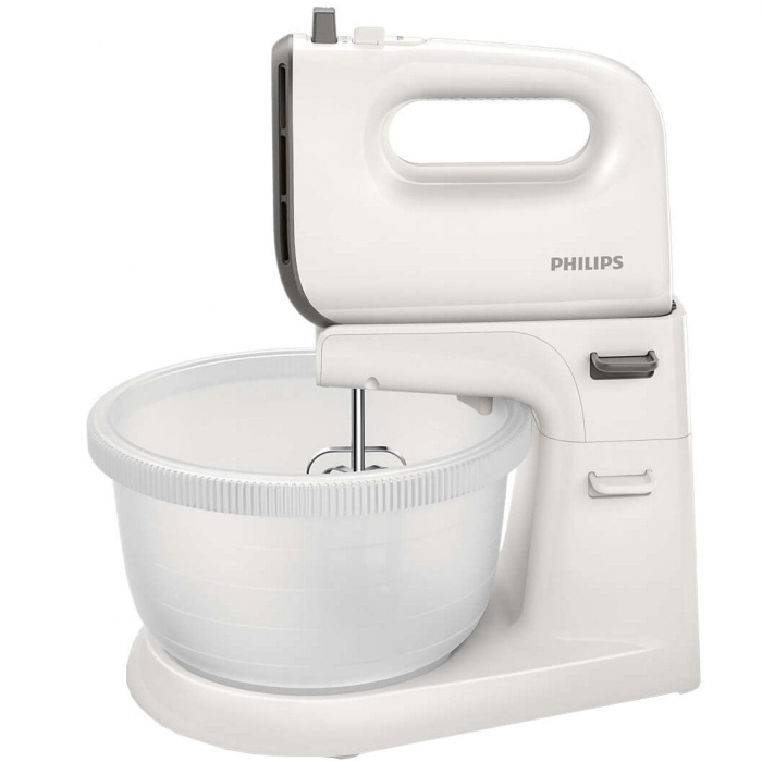 Mixer cu bol Philips Viva Collection HR3745 00, 450 W, Bol actionare automata, 5 viteze, Functie Turbo, Alb Gri