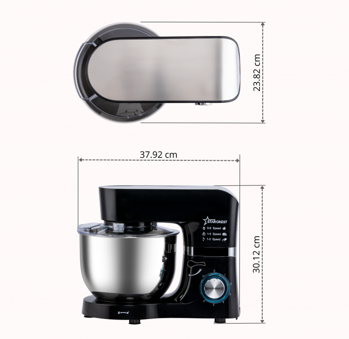 Robot de bucatarie STARCREST SKM-1500BK, 1500W, Bol 5.5 L Inox, 5 Accesorii, 6 Viteze + Pulse, Angrenaje metalice, Negru + Inox [9]