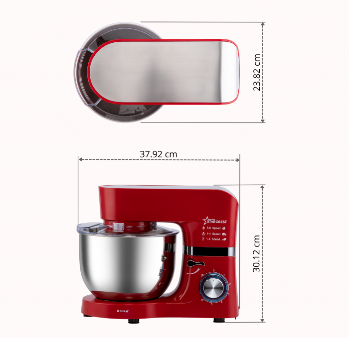 Robot de bucatarie STARCREST SKM-1500RD, 1500W, Bol 5.5 L Inox, 5 Accesorii, 6 Viteze + Pulse, Angrenaje metalice, Rosu + Inox [9]
