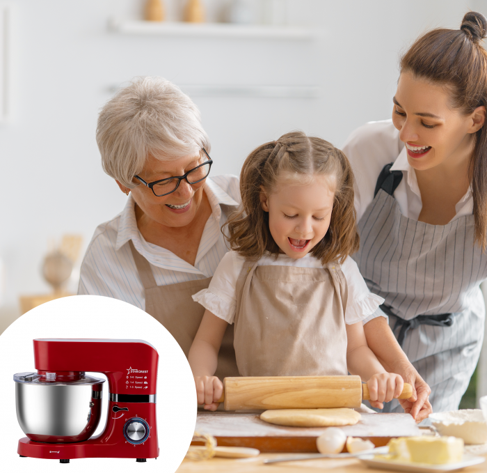 Robot de bucatarie STARCREST SKM-1500RD, 1500W, Bol 5.5 L Inox, 5 Accesorii, 6 Viteze + Pulse, Angrenaje metalice, Rosu + Inox [4]