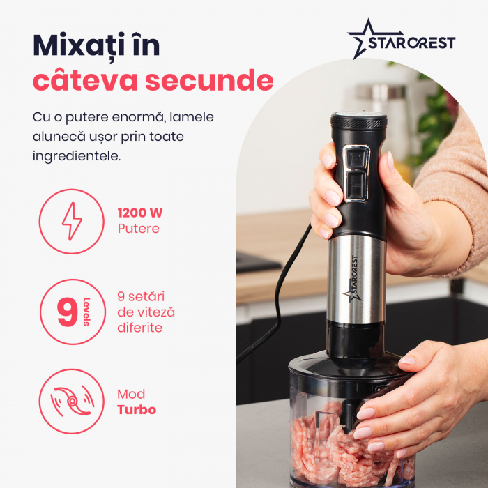 Mixer vertical STARCREST SBS-1509PRO, 1200W, Chopper, Tel, Pahar gradat, 9 viteze, Turbo, Inox / Negru [3]