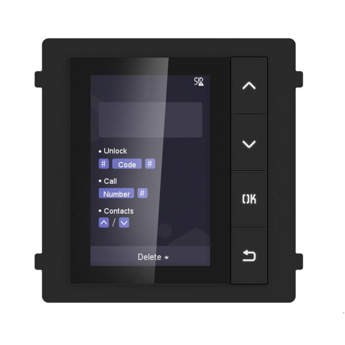 Modul de afisare pentru videointerfon modular Hikvision DS-KD-DIS; ecran LCD 3.5 inch, rezolutie 320x480P; 4 butoane de operare; memorie pentru 500 de contacte; apelare din lista de contacte; deschide