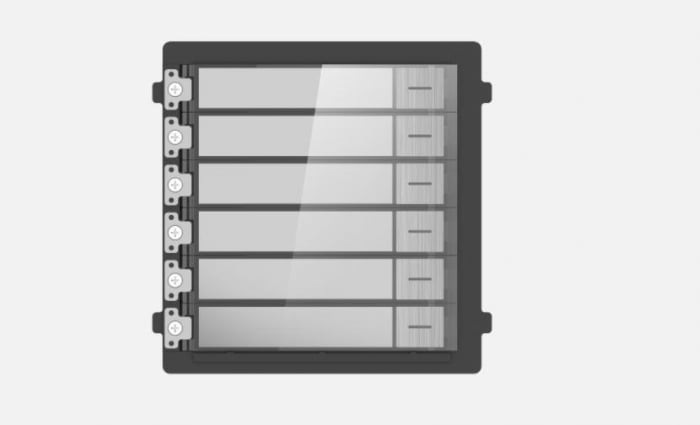 Modul de extensie videinterfon cu sase butoane de apelare Hikvision DS- KD-KK S; montaj aplicat sau ingropat (acesoriile de montaj nu sunt incluse), customizare afisare nume; iluminare pe timp de noap