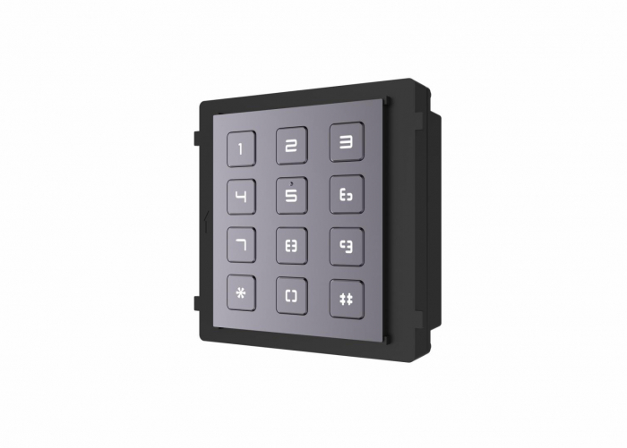 Modul de extensie videointerfon cu tastatura Hikvision DS-KD-KP; permite formarea codului de apartament sau a codului de acces; montajaplicat sau ingropat (accesoriile de montaj nu sunt incluse); ilum