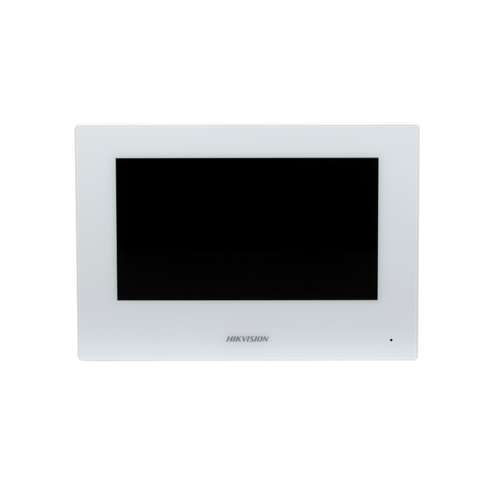 Monitor videointerfon WIFI 7inch color Hikvision DS-KH6320-WTE2-W; conectare pe 2 fire, carcasa de culoare alba, ecran LCD 7 color cu touch screen, rezolutie ecran 1024 x 600; design modern; conectivi