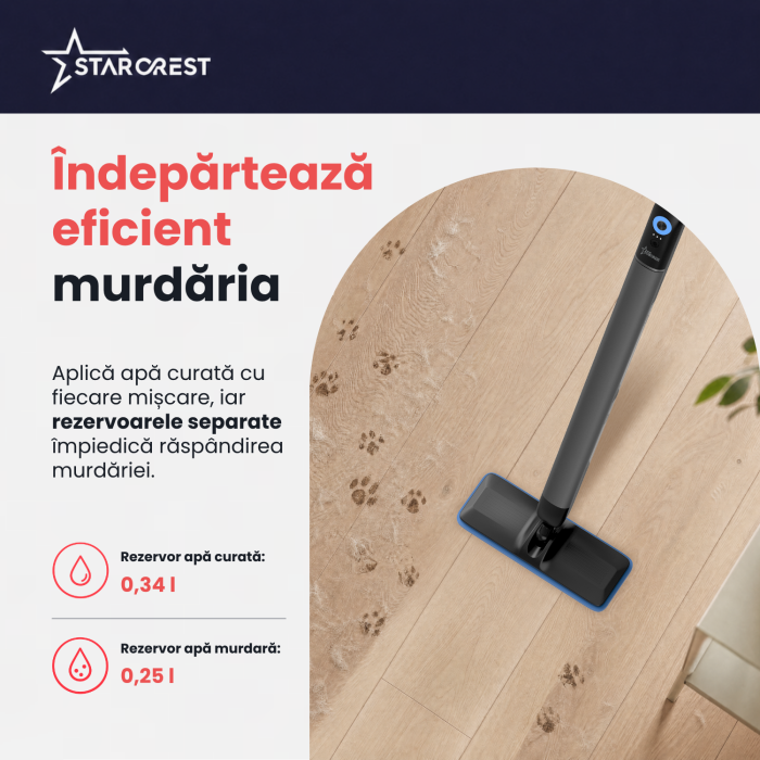 Mop electric STARCREST AquaFlow SMP-2600SV, fara fir, rezervoare separate apa curata/murdara, autonomie pana la 180 min, articulatie flexibila 360°/180°, pentru parchet si gresie, 3.6 V, Gri [3]