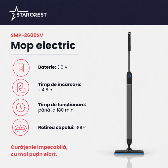 Mop electric STARCREST AquaFlow SMP-2600SV, fara fir, rezervoare separate apa curata/murdara, autonomie pana la 180 min, articulatie flexibila 360°/180°, pentru parchet si gresie, 3.6 V, Gri [2]
