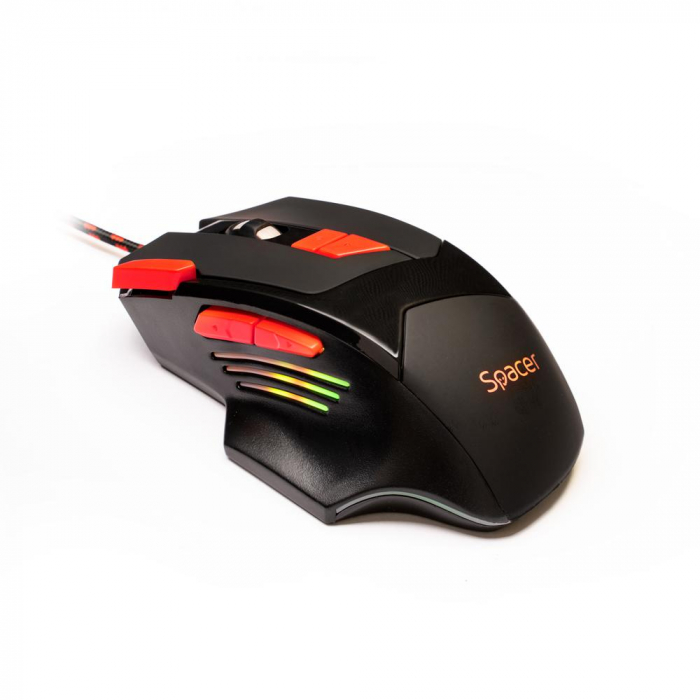 MOUSE Spacer Gaming SP-GM-02 cu fir, optic,1000 1600 2000 2400 dpi, butoane scroll 8 1, iluminare LED RGB, 7 cicluri prestabilite, negru