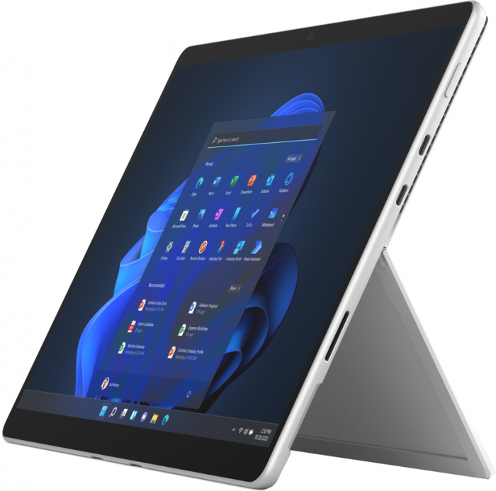 Ms Surface Pro 8 platinum, 13 inch, resolution: 2880 x 1920, aspect ratio: 3:2, Intel Core i7-1185G7, 3.0 GHz, 16GB RAM, 512GB SSD storage, graphics: Intel Iris Xe Graphics, connerctors: 1 x Surface C