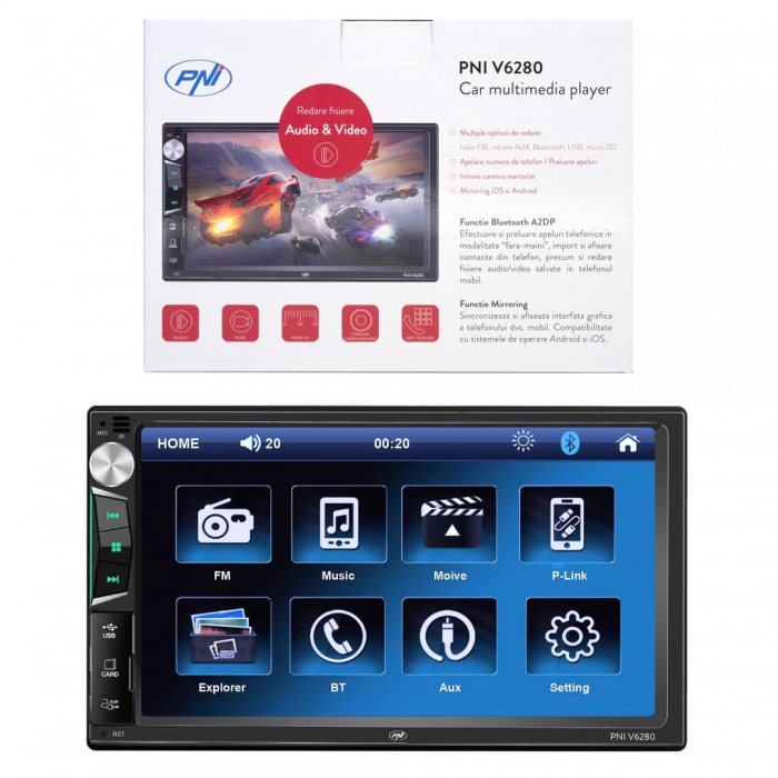 Multimedia player auto PNI V6280 cu touchscreen, functie Bluetooth, functie Mirror Link Android iOS USB, slot micro SD, intrare AUX, 2 DIN, intrare camera marsarier, Dimensiune ecran: 7 , Touchscreen,