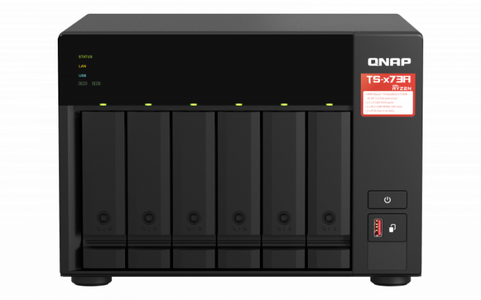 NAS QNAP 673A 6-Bay, CPU AMD Ryzen V1000 series V1500B 4C 8T 2.2 GHz, RAM 8GB (1x 8GB) DDR4 (2 x SODIMM slots, max. 64GB total, optional ECC RAM support), 2.5 3.5 SATA 6Gbps HDD (neincluse), LAN: 2 x