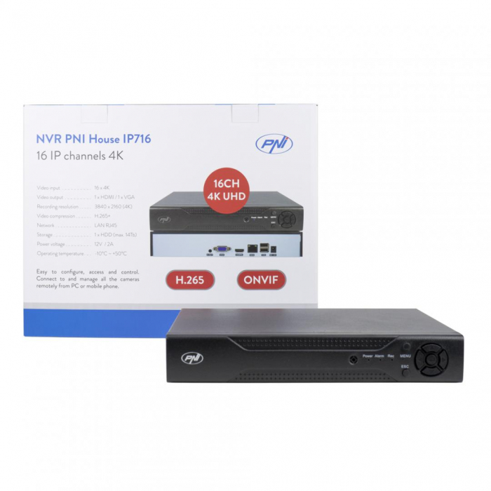 NVR PNI House IP716, 16 canale IP 4K, H.265, ONVIF PNI-IP716, Vizualizare pe mobil si PC: Android, iOS, Windows, 16 canale IP x 4K, RJ45 - 10 100 Mbps, Iesire audio: 1 x 3.5mm, Iesire video: VGA, HDMI