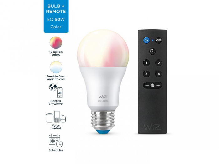 Pachet 1 Bec LED RGB inteligent WiZ Connected Colors A60, Wi-Fi, E27, 8W (60W), 806 lm, lumina alba si color (2200-6500K) + Telecomanda