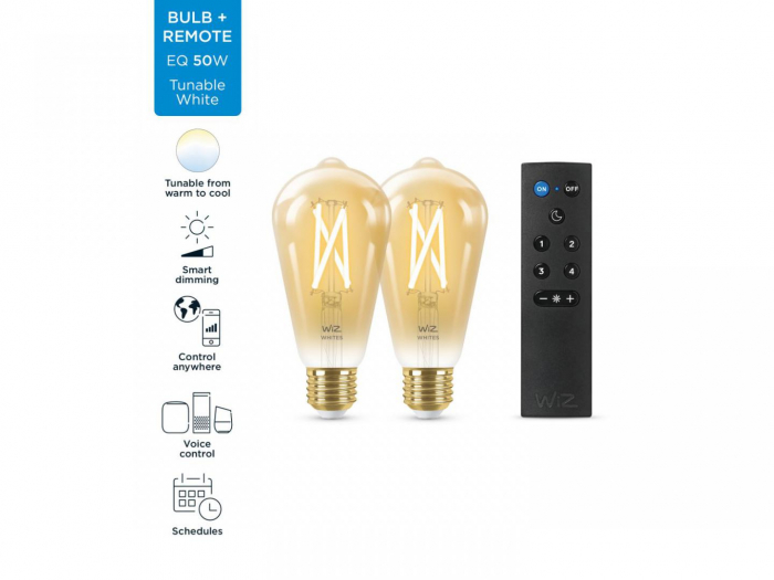 Pachet 2 Becuri LED inteligente vintage (decorative) WiZ Connected Filament Gold ST64, Wi-Fi, E27, 7W (50W), 640 lm, lumina alba (20 00-5000K) + Telecomanda