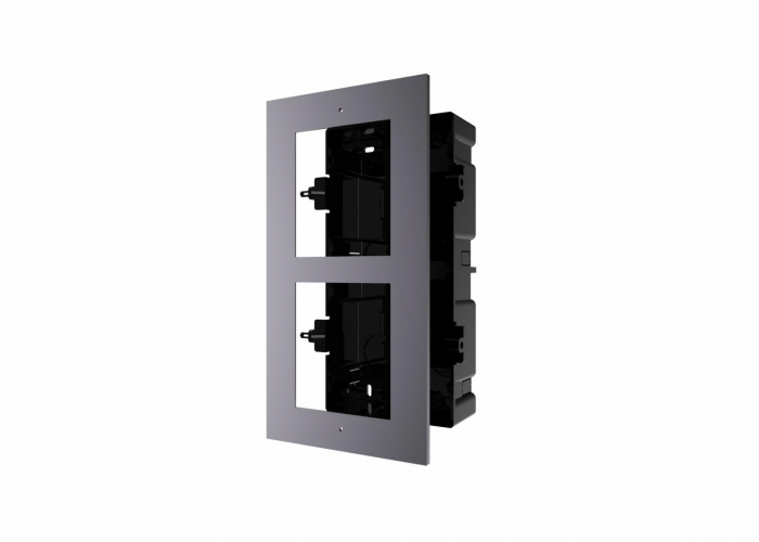 Panou frontal pentru 2 module de videointerfon modular Hikvision DS-KD- ACF2; permite conectarea a 2 module de interfon modular; montare incastrata; material aluminiu; doza de plastic inclusa; dimensi