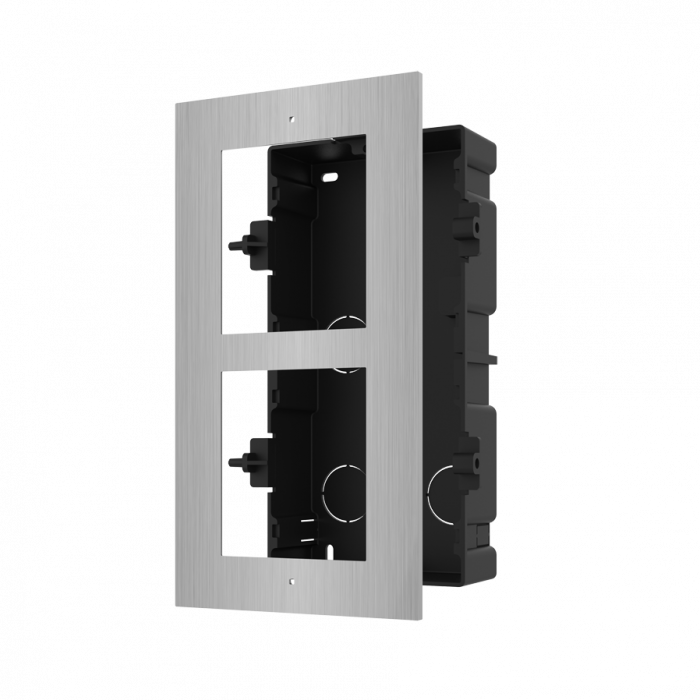 Panou frontal pentru 2 module de videointerfon modular Hikvision DS-KD- ACF2 S; permite conectarea a 2 module de interfon modular; montare incastrata; material otel inoxidabil; doza de plastic inclusa