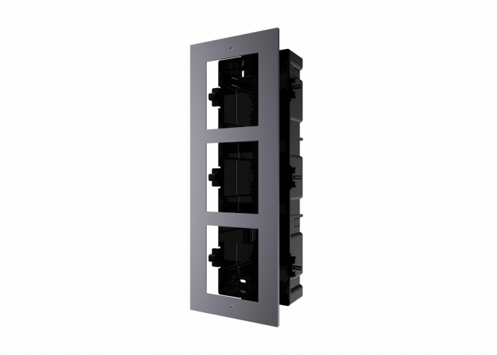 Panou frontal pentru 3 module videointerfon modular Hikvision DS-KD-ACF3; permite conectarea a 3 module de videointerfon modular; mo ntareincastrata; material aluminiu, doza de plastic inclusa; dimens