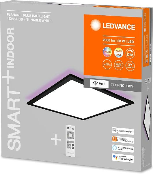 Panou inteligent LED RGB Ledvance SMART+ WiFi PLANON+ BACKLIGHT cu Telecomanda, 28W, 1800 lm, lumina alba si color (3000-6500K), IP20, 450x450x56mm, aluminiu, Negru