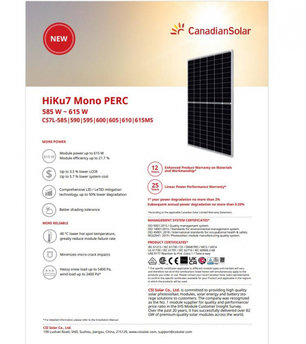 Panou Solar Fotovoltaic Monocristalin HiKu7 Mono PERC CS7L-595MS, 595W, 2172x1303x35mm, IP68, 120 celule [2X(10X6)]